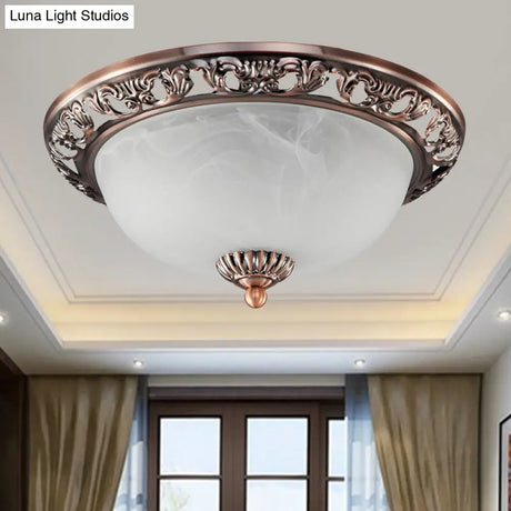 Opal Glass Flush Mount Ceiling Light In Bronze/Copper - Countryside 3 - Head Metal Fixture Wide