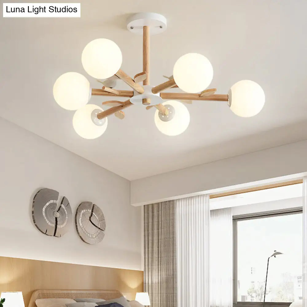Modern Opal Glass Globe Chandelier: Wood Pendant Light Fixture For Living Room 6 /