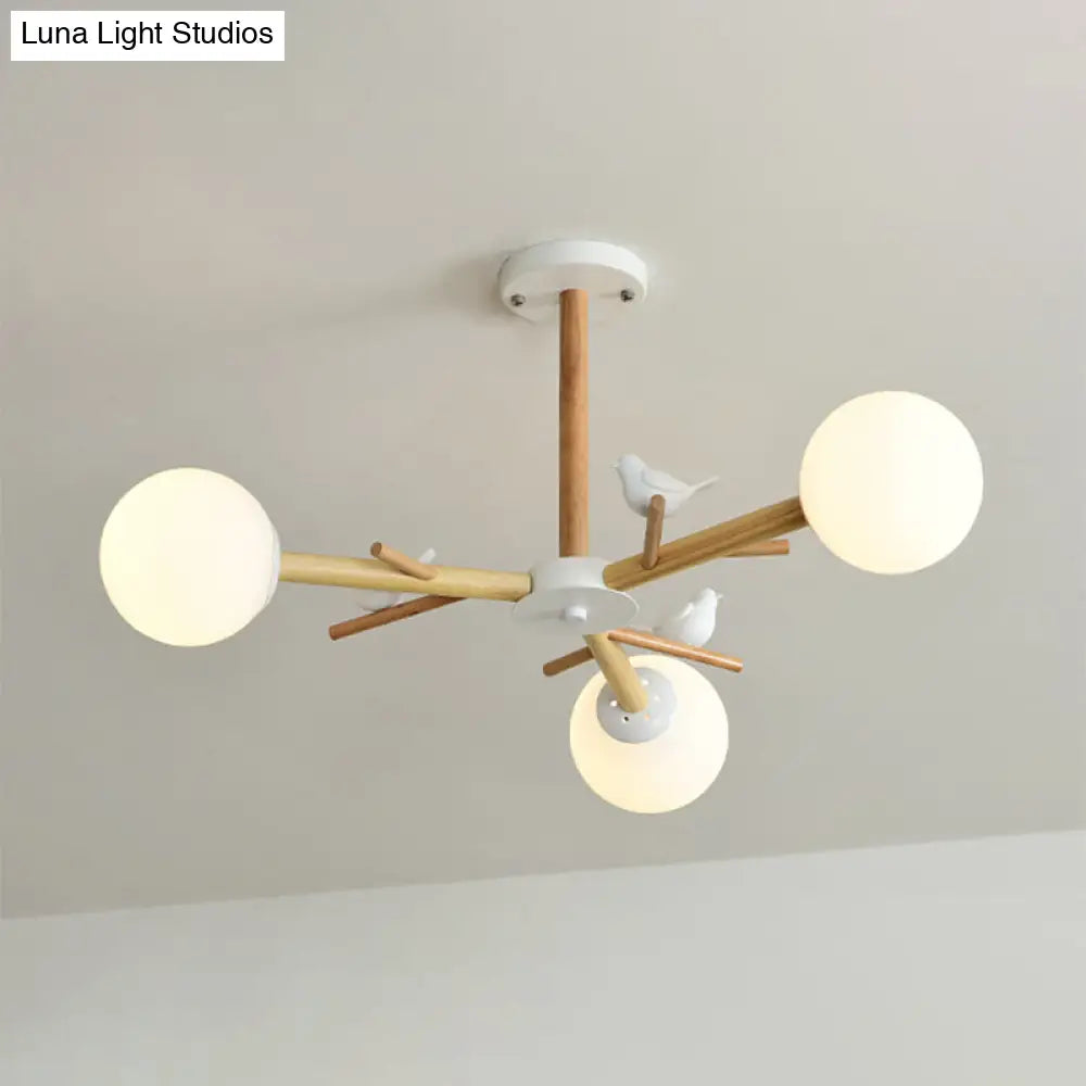Modern Opal Glass Globe Chandelier: Wood Pendant Light Fixture For Living Room 3 /