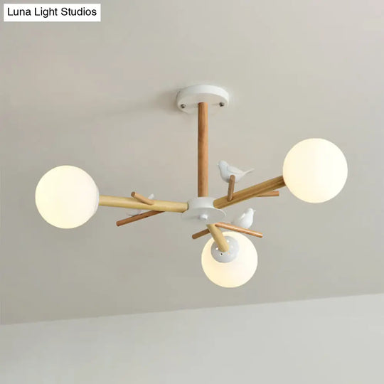 Modern Opal Glass Globe Chandelier: Wood Pendant Light Fixture For Living Room 3 /