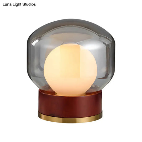 Opal Glass Globe Night Light With Wood Base - Countryside Bedroom Table Lamp In Brown