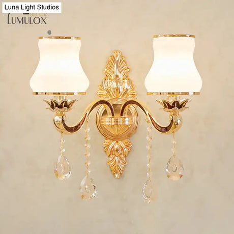 Opal Glass K9 Crystal Wall Light Classic Living Room Lighting Fixture With Accent In Gold