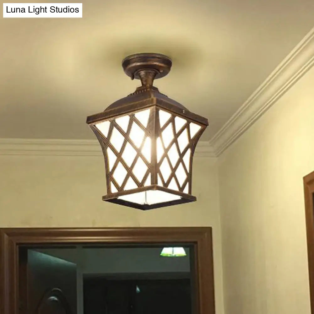 Opal Glass Lantern Semi Flush Mount Country Balcony Light In Black/Bronze - Metal X - Frame 1