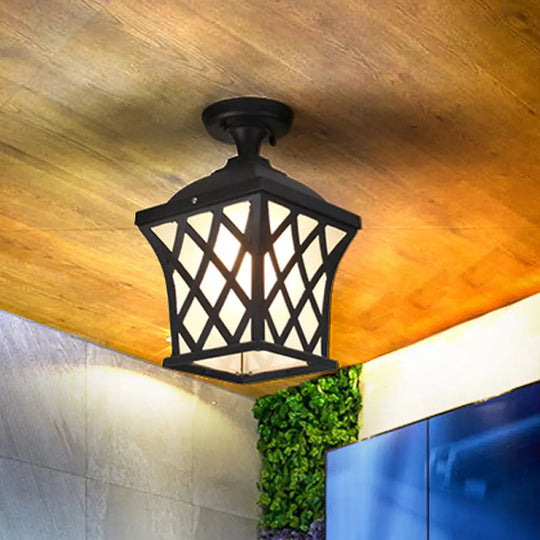 Opal Glass Lantern Semi Flush Mount Country Balcony Light In Black/Bronze - Metal X - Frame 1 Black
