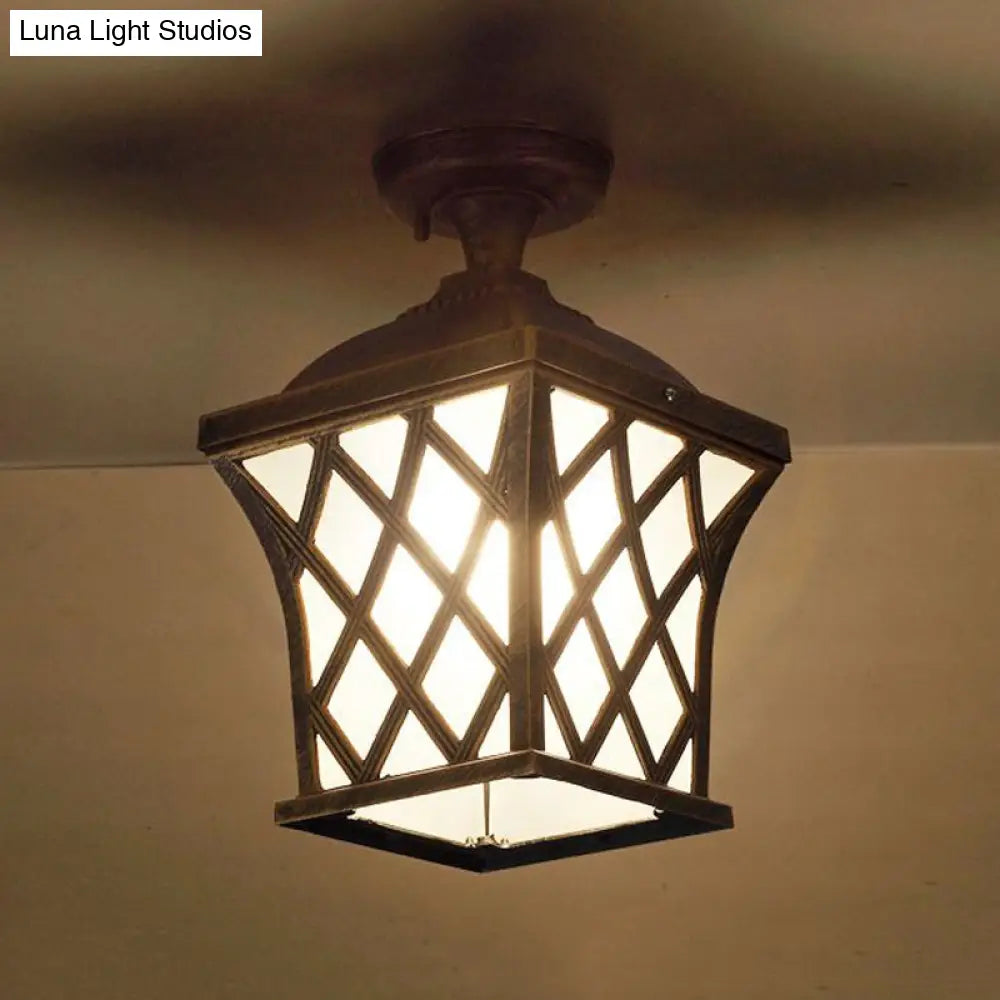 Opal Glass Lantern Semi Flush Mount Country Balcony Light In Black/Bronze - Metal X-Frame 1 Bronze