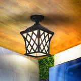 Opal Glass Lantern Semi Flush Mount Country Balcony Light In Black/Bronze - Metal X - Frame 1 Black
