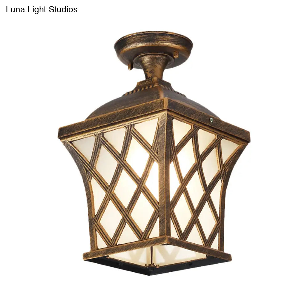 Opal Glass Lantern Semi Flush Mount Country Balcony Light In Black/Bronze - Metal X - Frame 1