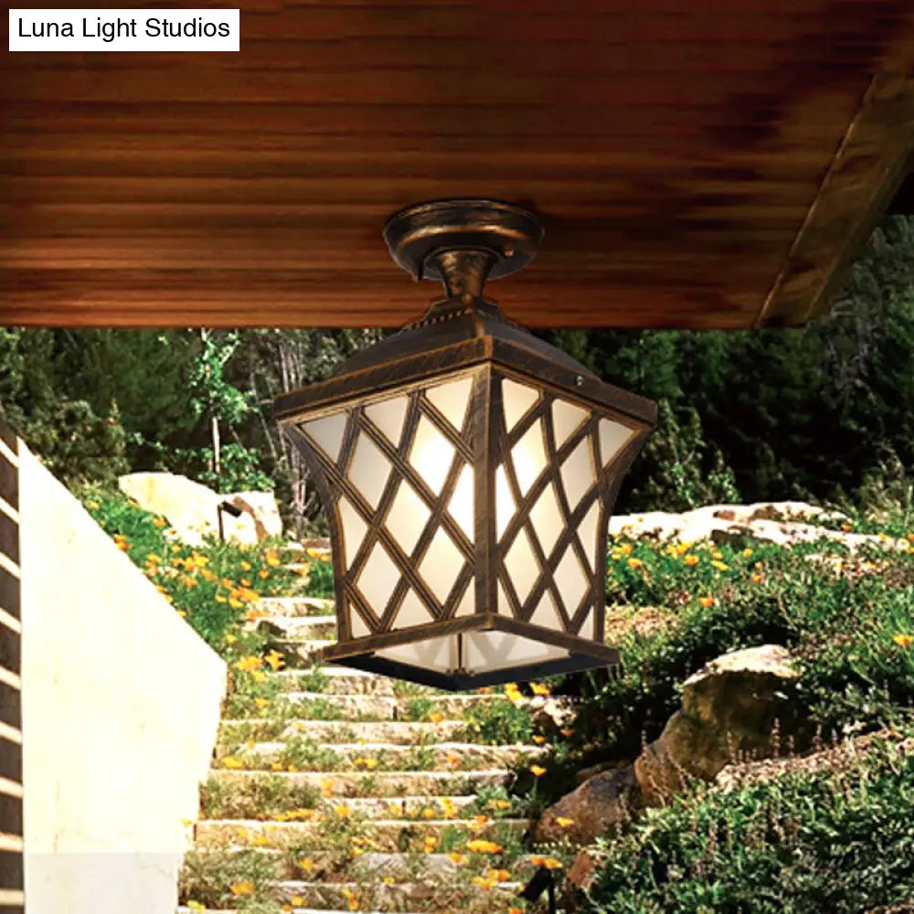 Opal Glass Lantern Semi Flush Mount Country Balcony Light In Black/Bronze - Metal X-Frame 1