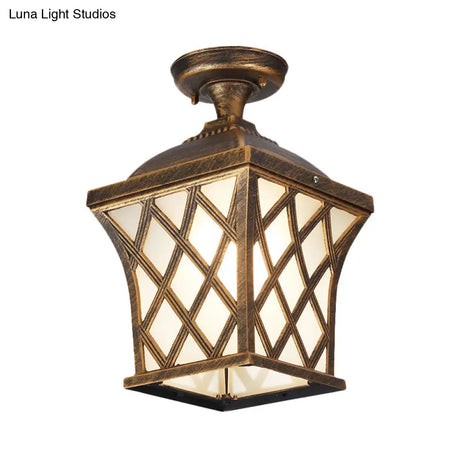 Opal Glass Lantern Semi Flush Mount Country Balcony Light In Black/Bronze - Metal X - Frame 1