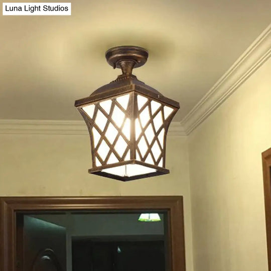 Opal Glass Lantern Semi Flush Mount Country Balcony Light In Black/Bronze - Metal X-Frame 1