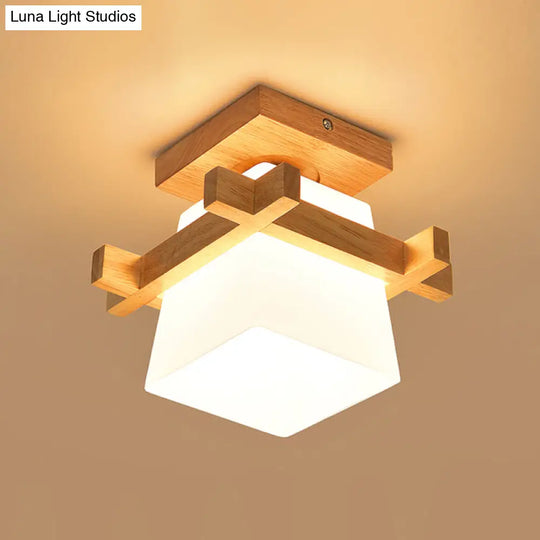 Opal Glass Led Ceiling Fixture With Wood Antler/Square/Round Design - Beige Flushmount