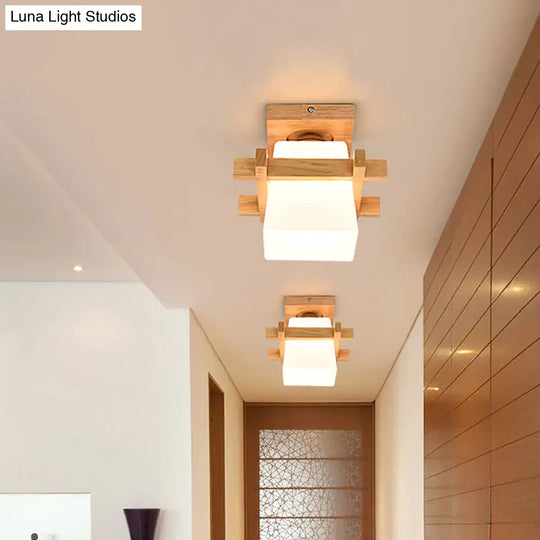 Opal Glass Led Ceiling Fixture With Wood Antler/Square/Round Design - Beige Flushmount