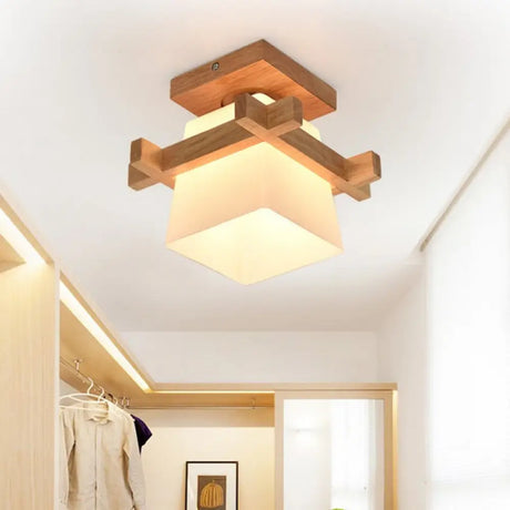 Opal Glass Led Ceiling Fixture With Wood Antler/Square/Round Design - Beige Flushmount / Square