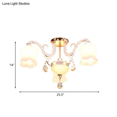 Opal Glass Semi Flush Ceiling Light With Crystal Drop - Traditional Scalloped Design In Gold