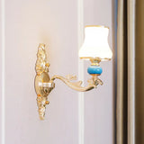 Opal Glass Wall Light Fixture With Curved Arm And Gold Shading For Corridors 1 / C