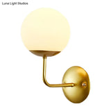 Opal Glass Wall Sconce - Antique Gold Single Light Fixture With Right Angle Arm
