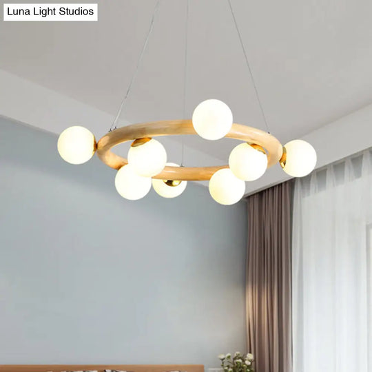 Nordic Opal Matte Glass Chandelier: 8-Bulb Beige Ceiling Pendant Light With Wooden Circle Arm