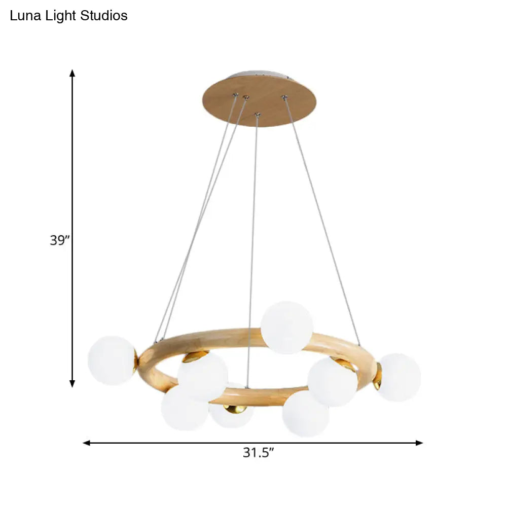 Nordic Opal Matte Glass Chandelier: 8-Bulb Beige Ceiling Pendant Light With Wooden Circle Arm