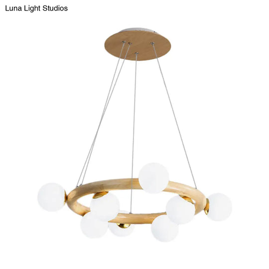 Nordic Opal Matte Glass Chandelier: 8-Bulb Beige Ceiling Pendant Light With Wooden Circle Arm