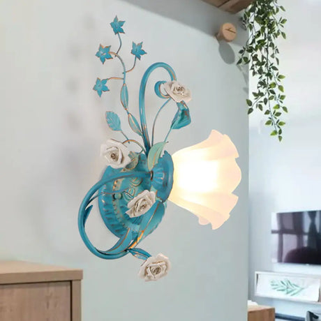 Opal Matte Glass Wall Lamp - Pastel Blue-Pink/Blue-White Scroll Flower Sconce Light (Left/Right)