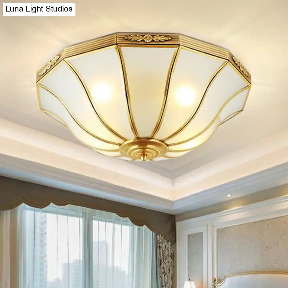Opaline Glass Bell Shaped Flush Mount Ceiling Light In Brass - Traditional Lamp For Corridors