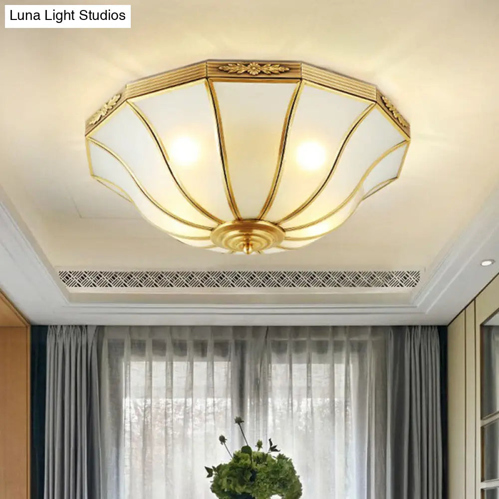Opaline Glass Bell Shaped Flush Mount Ceiling Light In Brass - Traditional Lamp For Corridors