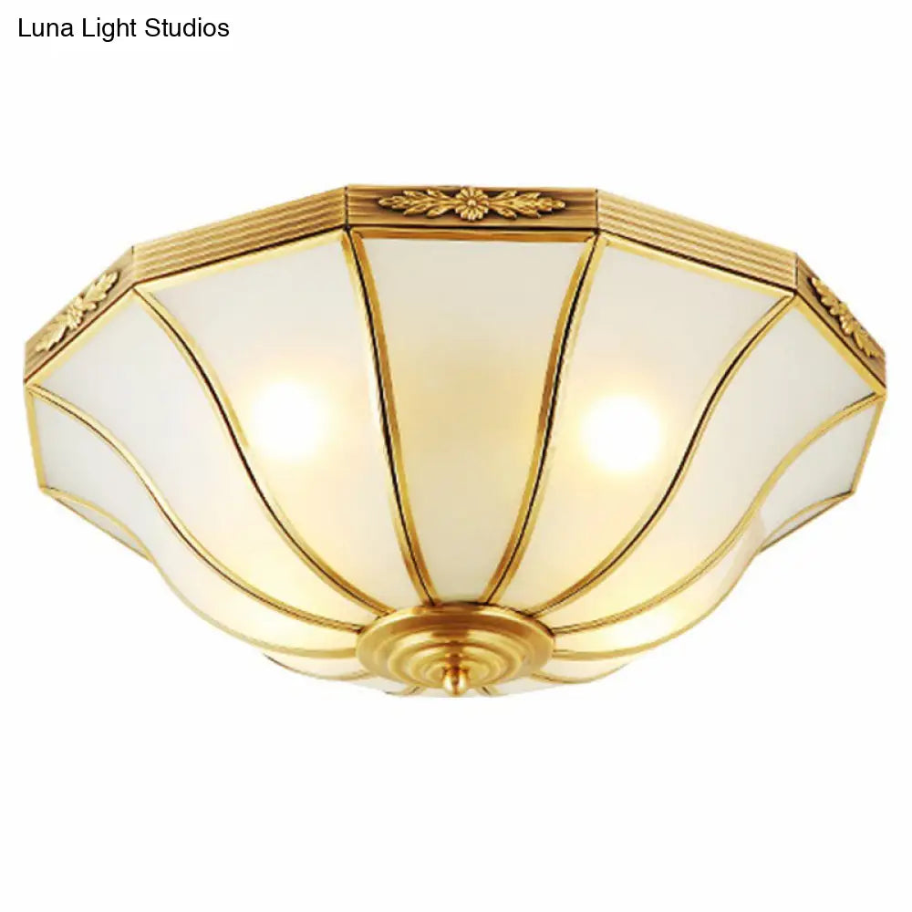 Opaline Glass Bell Shaped Flush Mount Ceiling Light In Brass - Traditional Lamp For Corridors