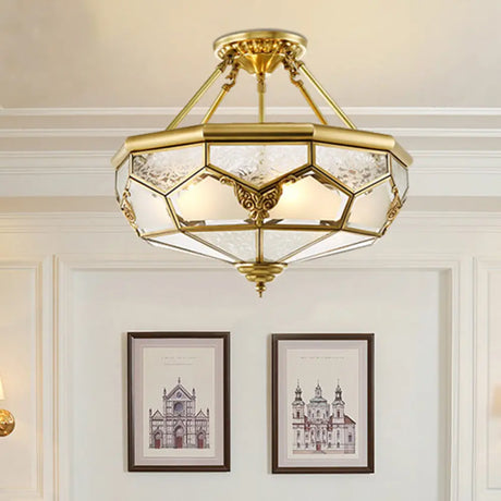 Opaline Glass Brass Semi Flush Mount Ceiling Lamp 3/4 Lights Faceted Dome Country Print 14’/18’