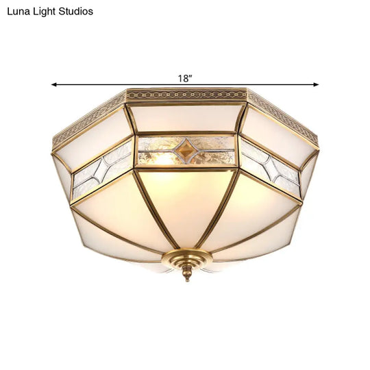 Opaline Glass Dome Ceiling Flush Light With Brass Finish - 3/4-Light 14/18 Warehouse Style