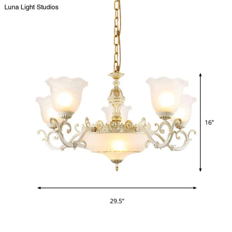 Opaline Glass Flower Ceiling Lamp - Traditional Pendant Chandelier White/Gold 5/7-Light For Drawing