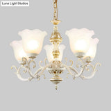 Opaline Glass Flower Ceiling Lamp - Traditional Pendant Chandelier White/Gold 5/7-Light For Drawing