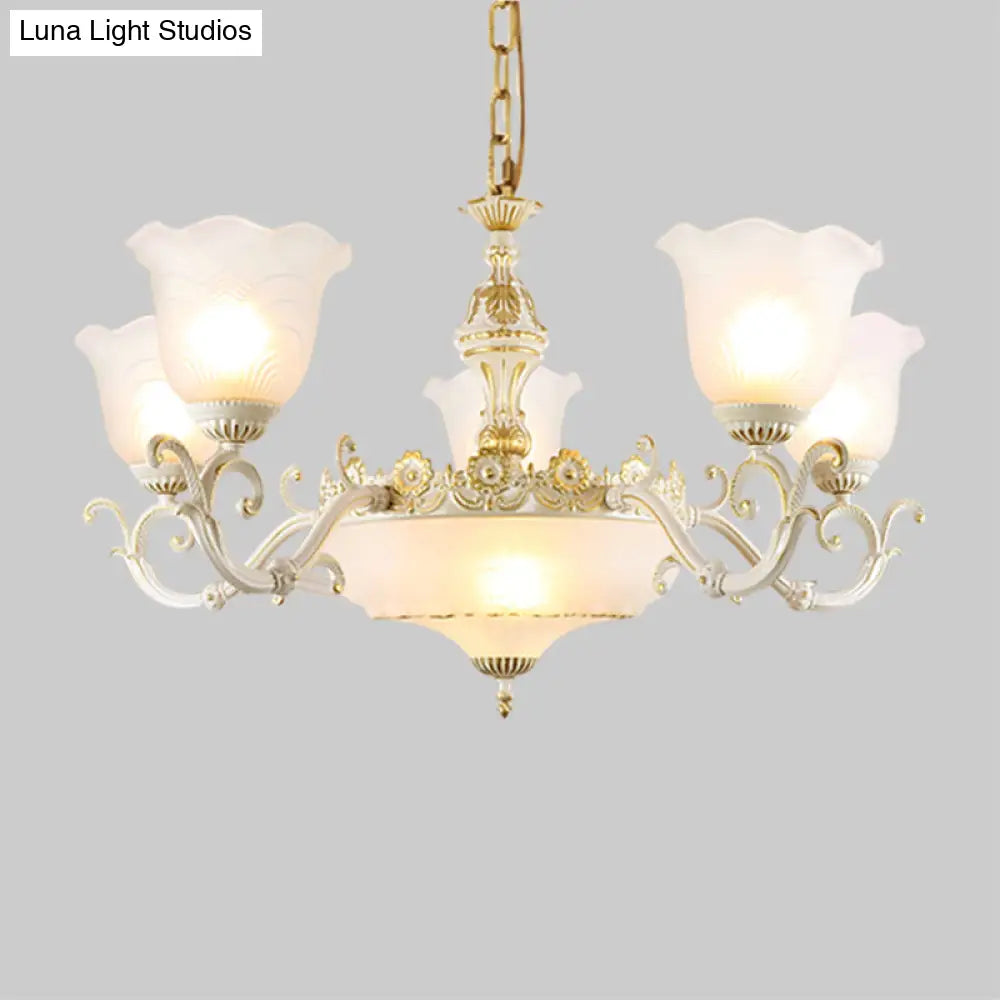 Opaline Glass Flower Ceiling Lamp - Traditional Pendant Chandelier White/Gold 5/7-Light For Drawing
