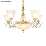 Opaline Glass Flower Ceiling Lamp - Traditional Pendant Chandelier White/Gold 5/7-Light For Drawing