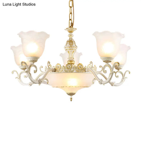 Opaline Glass Flower Ceiling Lamp - Traditional Pendant Chandelier White/Gold 5/7-Light For Drawing
