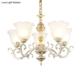 Opaline Glass Flower Ceiling Lamp - Traditional Pendant Chandelier White/Gold 5/7-Light For Drawing