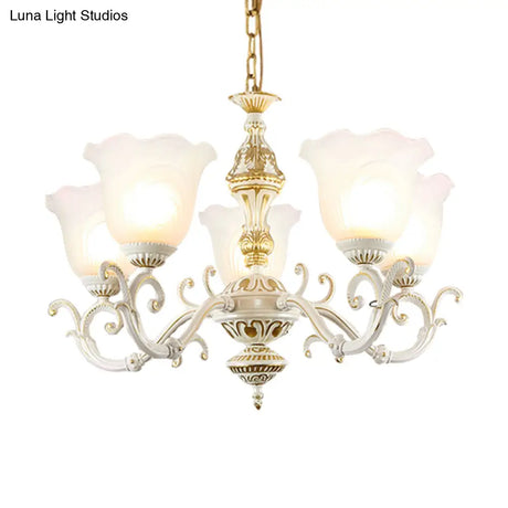 Opaline Glass Flower Ceiling Lamp - Traditional Pendant Chandelier White/Gold 5/7-Light For Drawing