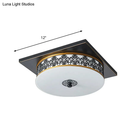 Opaline Glass Led Ceiling Light Fixture In Traditional Black Drum Design - 12’/16’/19.5