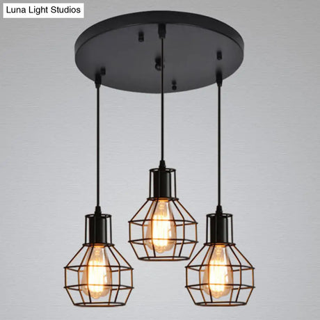 Open Cage Industrial Pendant Ceiling Light - Black Metal Hanging Fixture