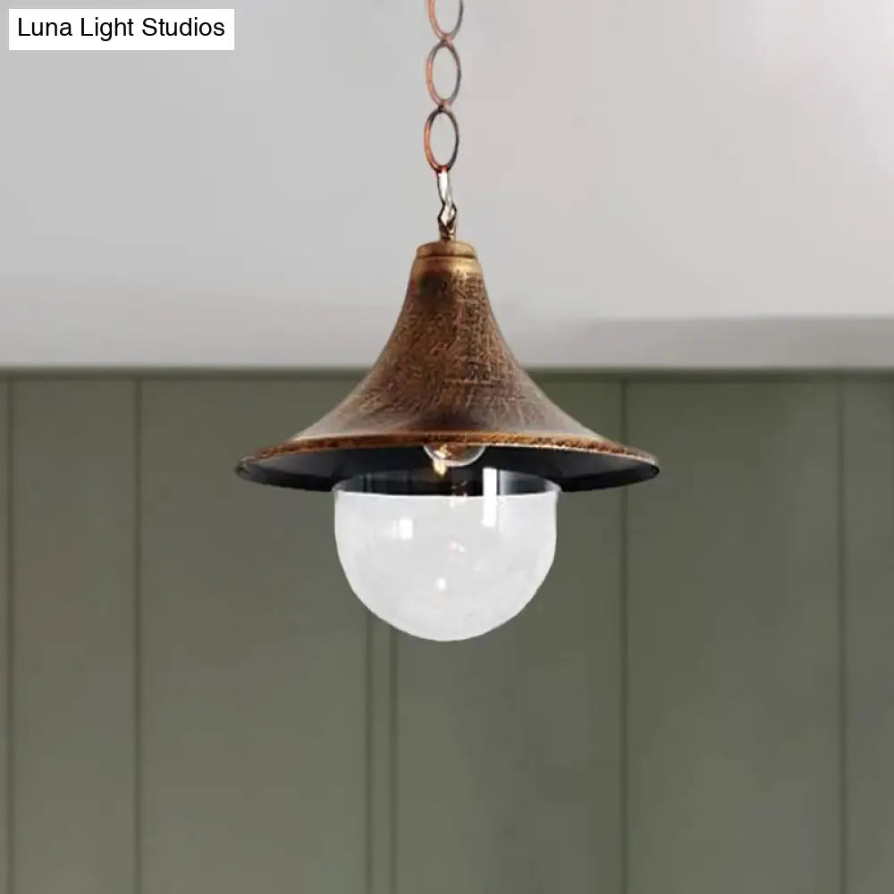 Rust/Black Antique Flared Pendant Light With Clear Glass Shade For Outdoor - 1 Bulb Hanging Lamp