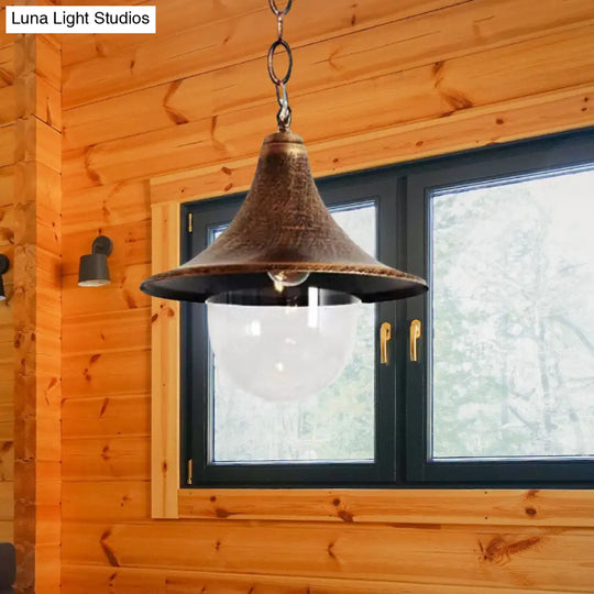 Rust/Black Antique Flared Pendant Light With Clear Glass Shade For Outdoor - 1 Bulb Hanging Lamp