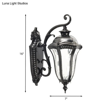 Outdoor Farmhouse Wall Lamp - Black Finish Urn Sconce With Clear Dimpled Glass