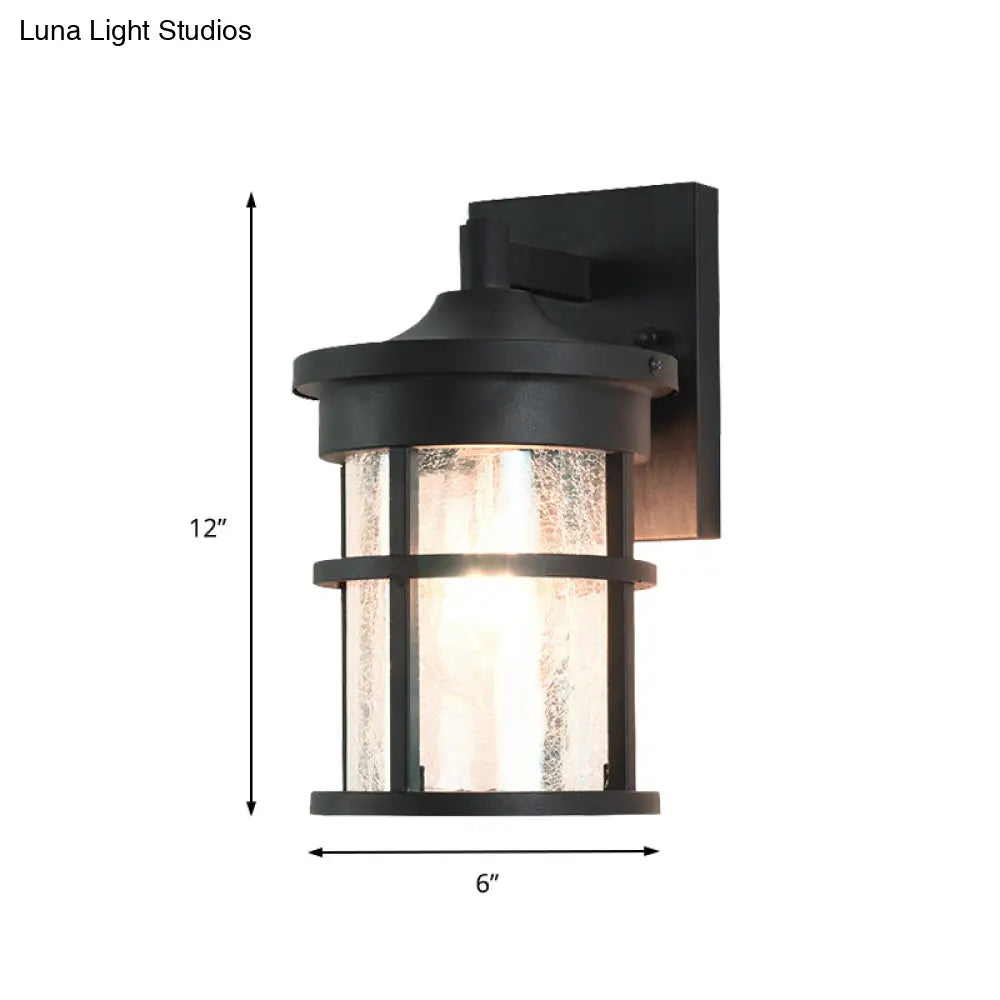 Outdoor Vintage Crackle Glass Cylinder Wall Sconce Lamp - 1 Light Black Fixture 6/8 Wide