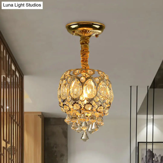 Oval Crystal Flush Ceiling Light Fixture With 1 Bulb In Gold