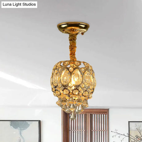 Oval Crystal Flush Ceiling Light Fixture With 1 Bulb In Gold