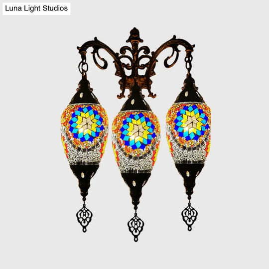 Oval Wall Mounted Lamp: Traditional Stained Art Glass Sconce Light - 3 Heads In White/Red/Light Blue
