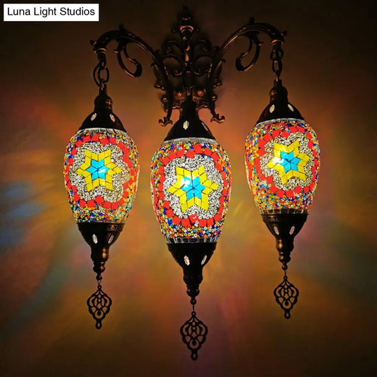 Oval Wall Mounted Lamp: Traditional Stained Art Glass Sconce Light - 3 Heads In White/Red/Light Blue