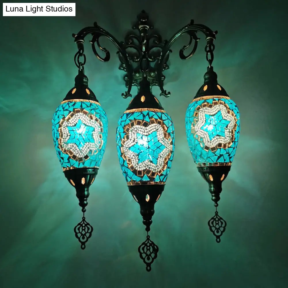 Oval Wall Mounted Lamp: Traditional Stained Art Glass Sconce Light - 3 Heads In White/Red/Light Blue