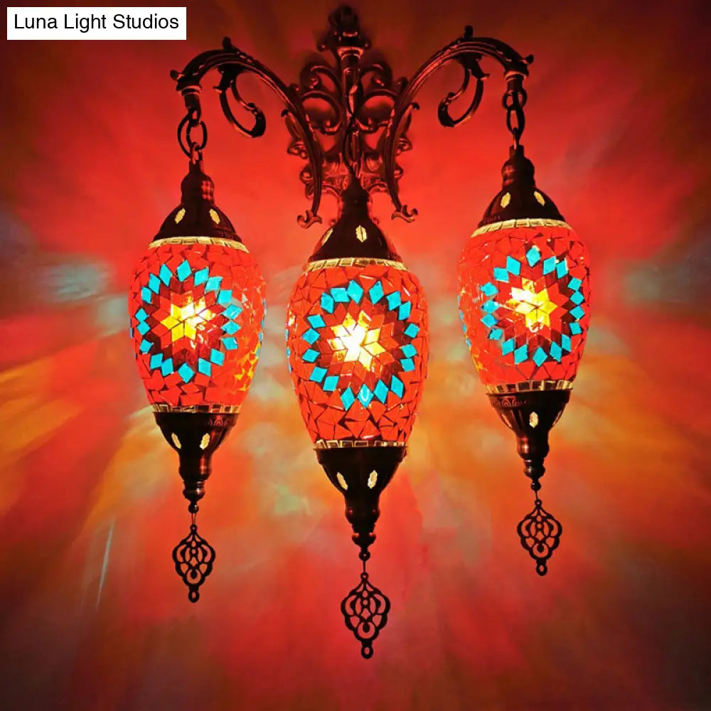 Oval Wall Mounted Lamp: Traditional Stained Art Glass Sconce Light - 3 Heads In White/Red/Light Blue