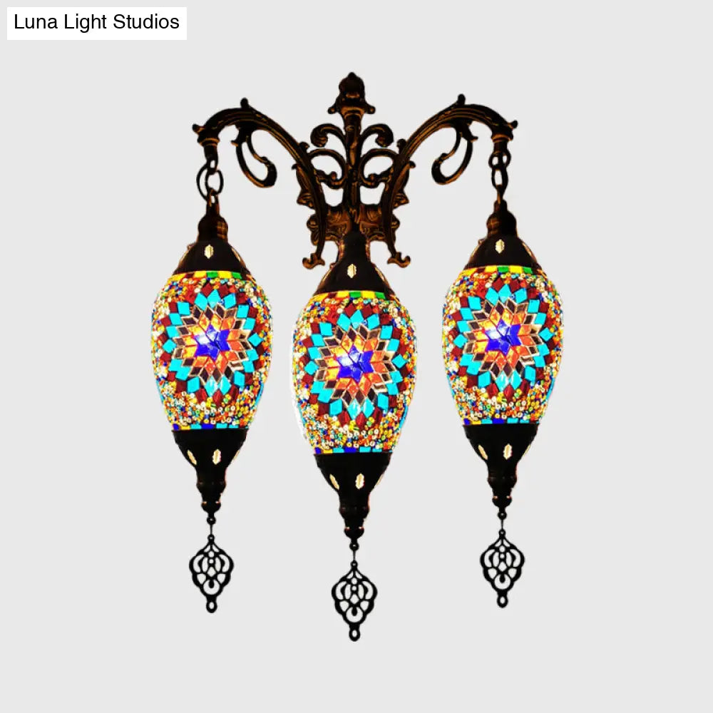 Oval Wall Mounted Lamp: Traditional Stained Art Glass Sconce Light - 3 Heads In White/Red/Light Blue