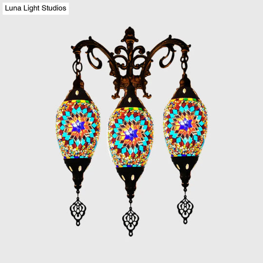 Oval Wall Mounted Lamp: Traditional Stained Art Glass Sconce Light - 3 Heads In White/Red/Light Blue